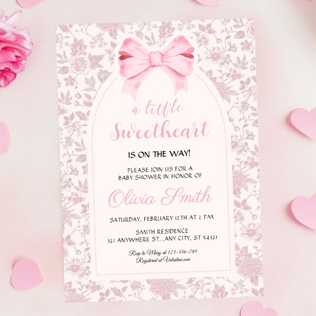 Convites Valentine’s Day Sweetheart Pink Bow Baby Shower (Criador carregado)