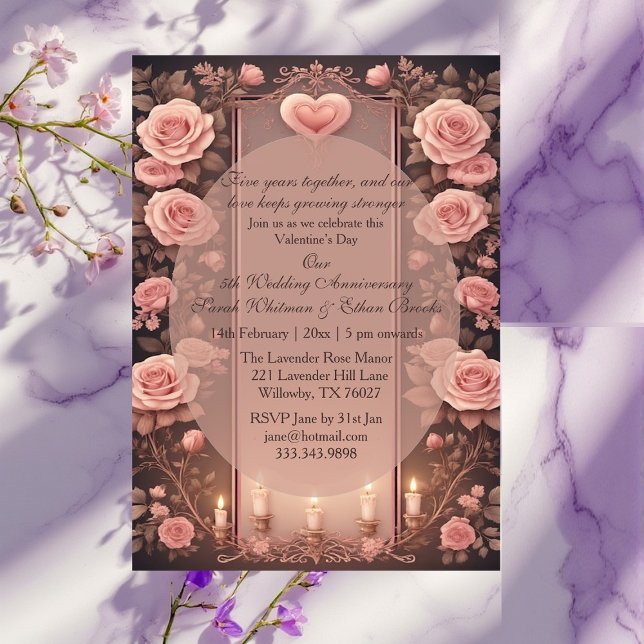 Convites Valentines 5th Wedding Anniversary Burgundy Roses  (Valentines 5th Wedding Anniversary Burgundy Roses Invitation)