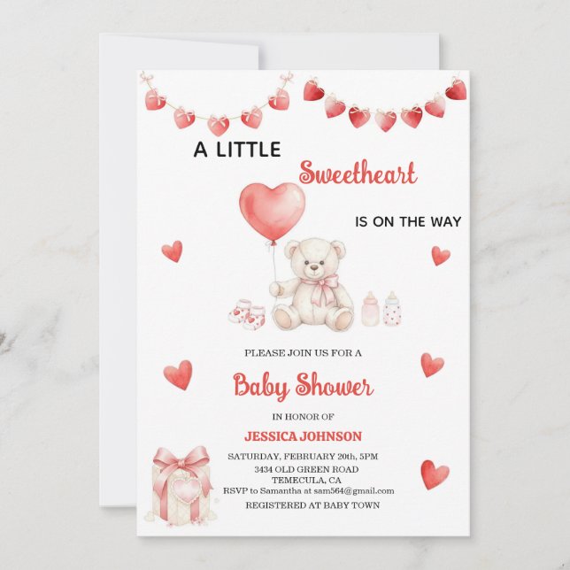 Convites Valentine's Day Baby Shower Teddy Bear Hearts  (Frente)