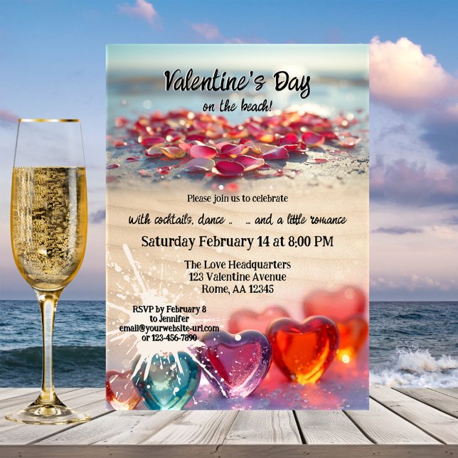 Convites Valentine's Day Beach Party (Valentine's Day party invitation featuring flower petals and hearts on the beach)