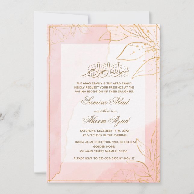 Convites Valima Nikah Ceremony Invitation Dourado Rosa (Frente)
