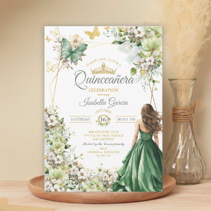 Convites Valsa Floral Esmeralda Borboleta Dourada Quinceañe