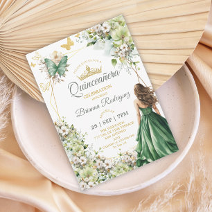 Convites Valsa Floral Esmeralda Dourada Borboleta Quinceañe