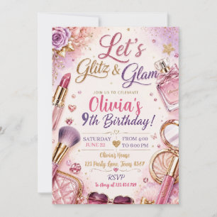 Convites Vamos Aniversário da Menina de Maquiagem Glitz & G