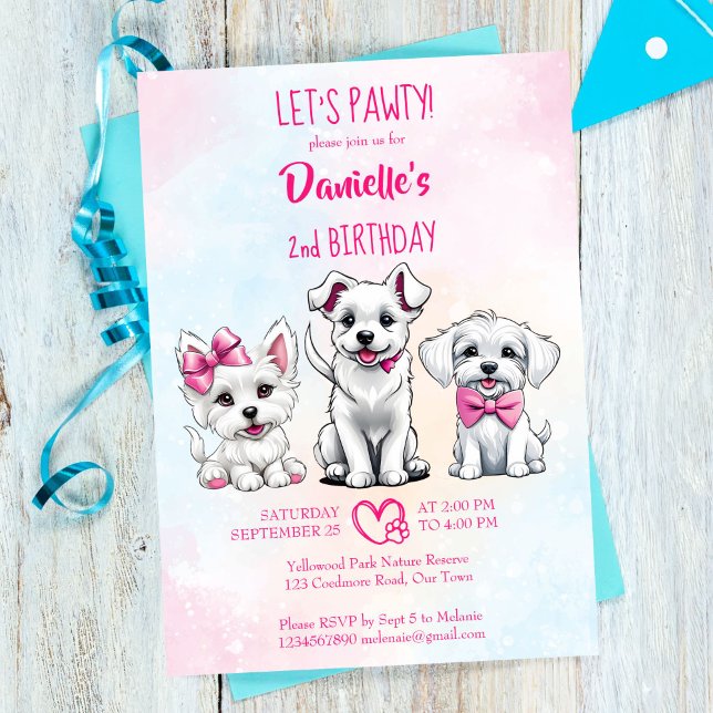 Convites Vamos branco rosado e pinto, fantoche (Let's pawty cute  white pink bow puppies dog theme girls birthday invitation template download)
