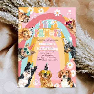 Convites Vamos Cachorro Pawty Retro Groovy Girl Aniversário