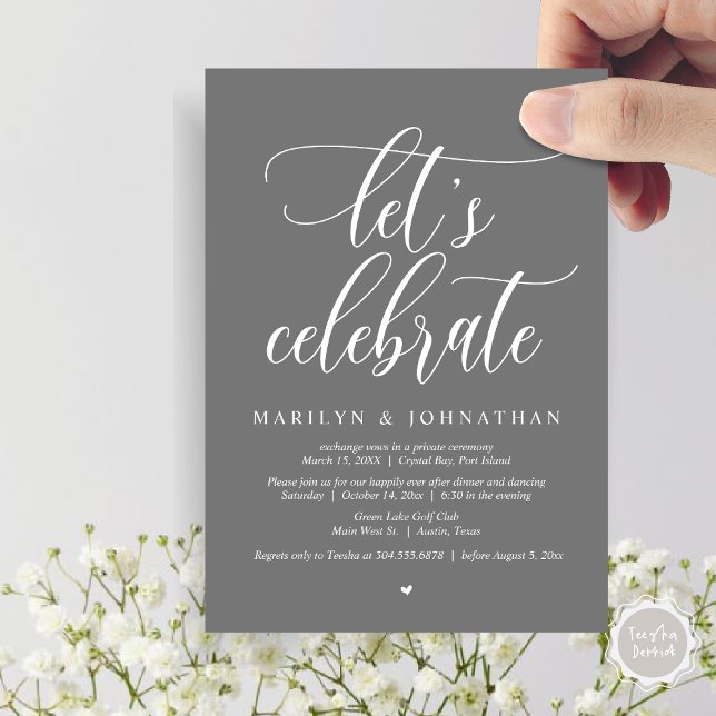 Convites Vamos Celebra a dança do Janto de Elopement (Let's Celebrate Wedding Elopement Dinner Party Lunch BrunchDancing Invitation Card PDF, Dark Grey)