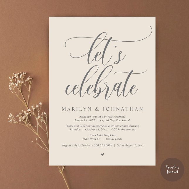 Convites Vamos Celebra a dança do Janto de Elopement (Let's Celebrate Wedding Elopement Dinner Party Lunch BrunchDancing Invitation Card PDF, Cream Grey)
