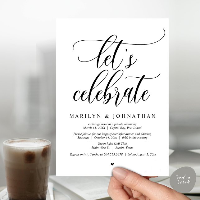 Convites Vamos Celebra a dança do Janto de Elopement (Let's Celebrate Wedding Elopement Dinner Party Lunch BrunchDancing Invitation Card PDF, Black White)