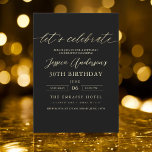 Convites Vamos celebra aniversário Dourado minimalista negr<br><div class="desc">Comemore a fazer 30 anos de estilo com um Convite de Aniversário Dourado e Preto para Script Minimalista! Apresentando sotaques negros e dourados, tipografia elegante da escrita, e um design limpo e moderno, este convite dá o tom para uma celebração sofisticada. Perfeito para qualquer lugar, de salões quentes a encontros...</div>
