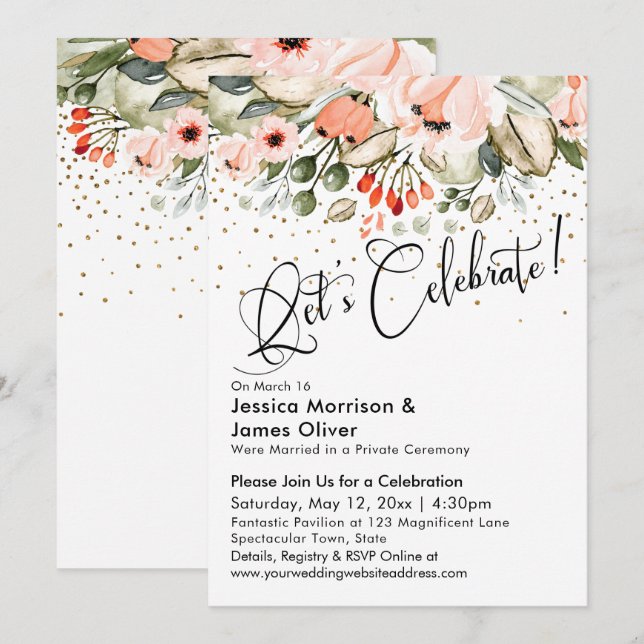 Convites Vamos Celebrar! Confete Falso Dourado Floral Rosad (Frente/Verso)