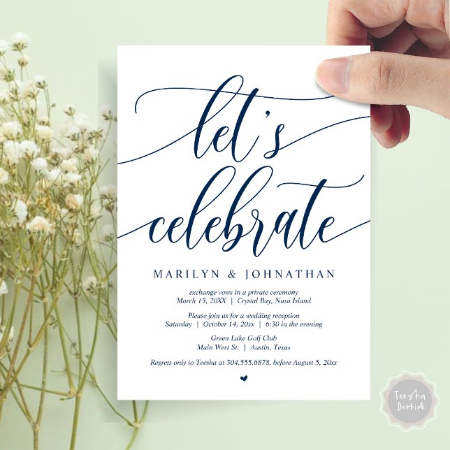 Convites Vamos Celebrar Festa de Casamento Fuga (Let's Celebrate Wedding Elopement Dinner Lunch Brunch Party Invitation Card, PDF, in Navy Blue)