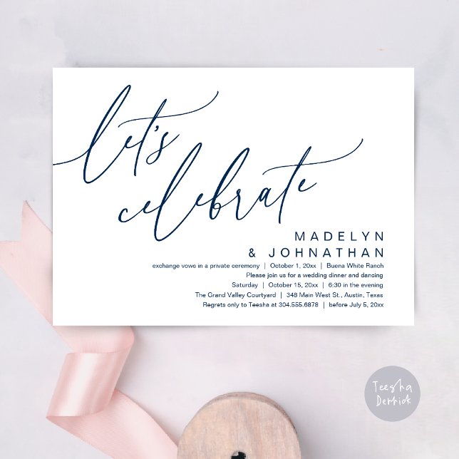 Convites Vamos Celebrar, Festa de Casamento Romântico e Int (Let's Celebrate, Romantic Charm Wedding Elopement Dinner Party Brunch Invites Card PDF Navy Blue)