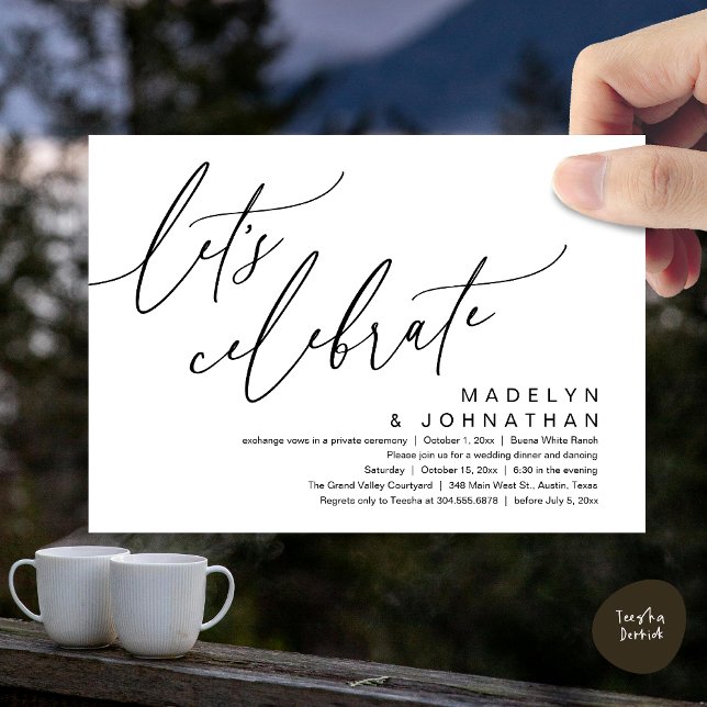 Convites Vamos Celebrar, Festa de Casamento Romântico e Int (Let's Celebrate, Romantic Charm Wedding Elopement Dinner Party Brunch Invites Card PDF White Black)