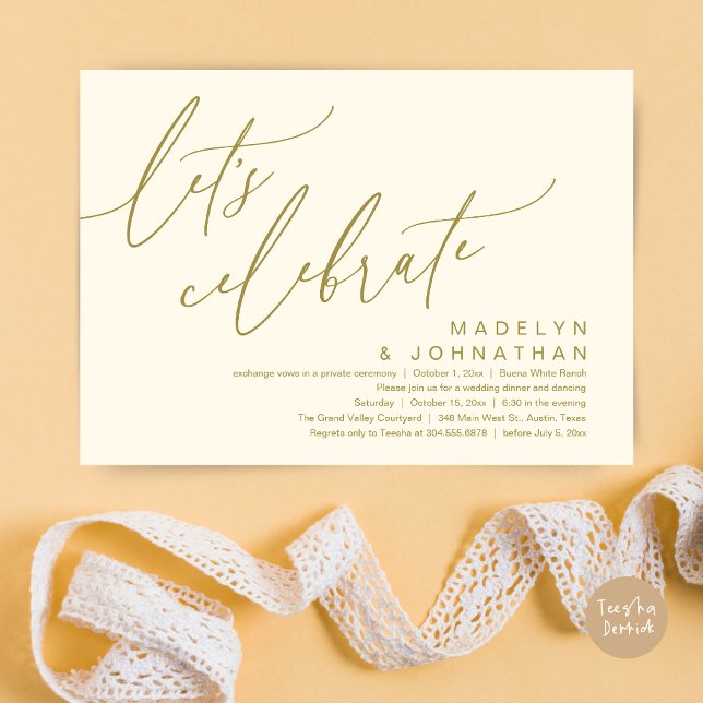 Convites Vamos Celebrar, Festa de Casamento Romântico e Ínt (Let's Celebrate, Romantic Charm Wedding Elopement Dinner Party Brunch Invites Card PDF Yellow Gold)