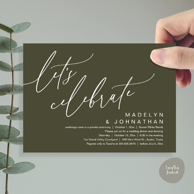 Convites Vamos Celebrar, Festa de Casamento Romântico e Ínt (Let's Celebrate, Romantic Charm Wedding Elopement Dinner Party Brunch Invites Card PDF Olive Green)