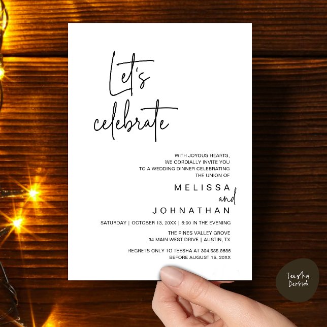 Convites Vamos Celebrar, Jantar de Casamento Intimo (Let's Celebrate, Modern Wedding Elopement Dinner Party Invitation Card in Black White)