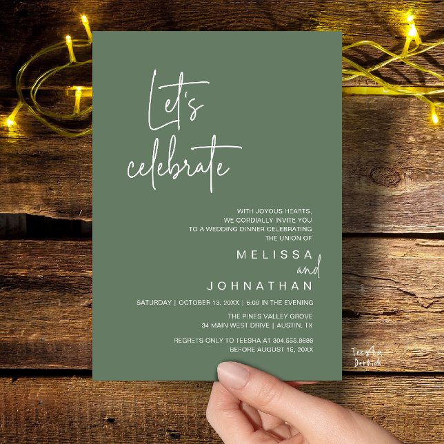 Convites Vamos Celebrar, Jantar de Casamento Intimo (Let's Celebrate, Modern Wedding Elopement Dinner Party Invitation Card in Sage Green)