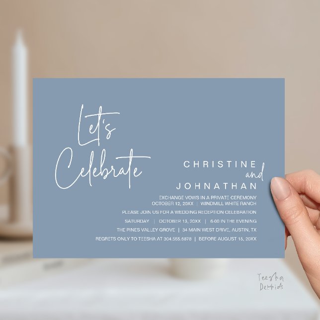 Convites Vamos Celebrar, Jantar de Casamento Intimo (Let's Celebrate, modern minimal Wedding Elopement Dinner Party Invitation card in dusty blue)