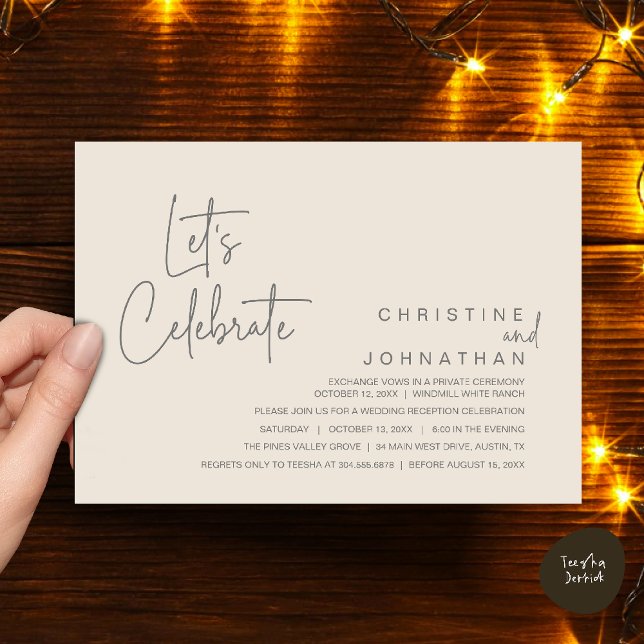Convites Vamos Celebrar, Jantar de Casamento Intimo (Let's Celebrate, modern minimal Wedding Elopement Dinner Party Invitation card in cream grey)