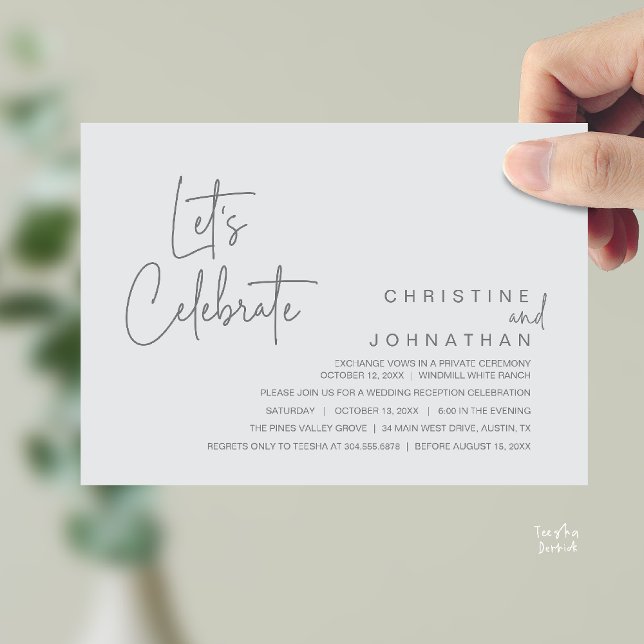 Convites Vamos Celebrar, Jantar de Casamento Intimo (Let's Celebrate, modern minimal Wedding Elopement Dinner Party Invitation card in chill grey)