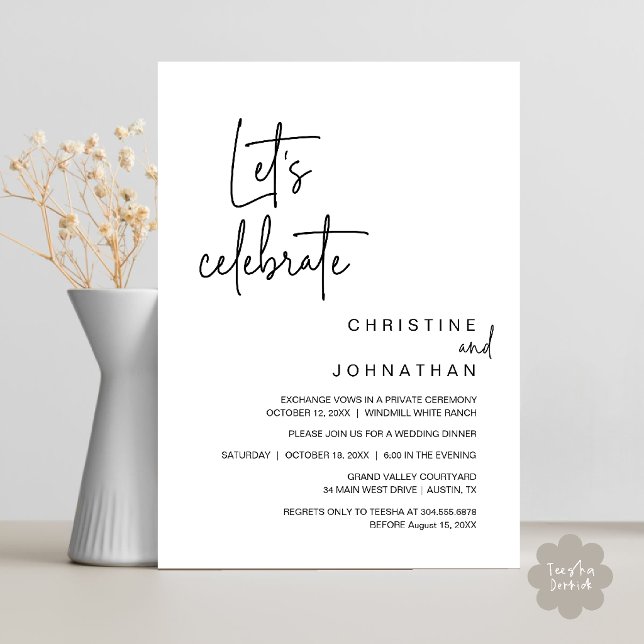 Convites Vamos Celebrar, Jantar de Festa de Casamento às Es (Let's Celebrate, Classy Minimal Wedding Elopement Party Dinner Invitation Card in Black and White)