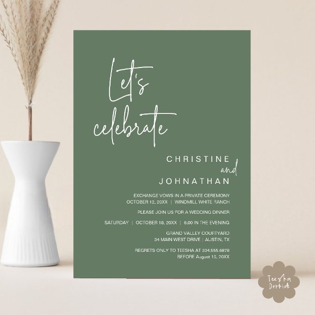 Convites Vamos Celebrar, Jantar de Festa de Casamento às Pr (Let's Celebrate, Classy Minimal Wedding Elopement Party Dinner Invitation Card in Sage Green)