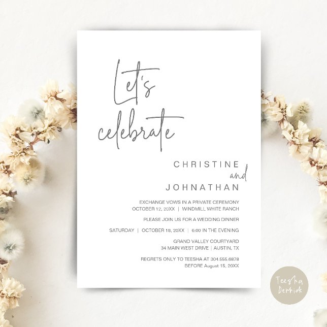 Convites Vamos Celebrar, Jantar de Festa de Casamento às Pr (Let's Celebrate, Classy Minimal Wedding Elopement Party Dinner Invitation Card in Dark grey)