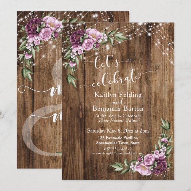 Convites Vamos Celebrar Luzes Florais Rústicas no Recepção (Frente/Verso)