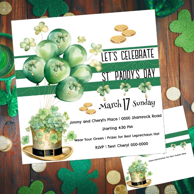 Convites Vamos celebrar o Dia de São Patrício  (Cute leprechaun Irish top hat in gold with party balloons covered in shamrocks customizable invites)