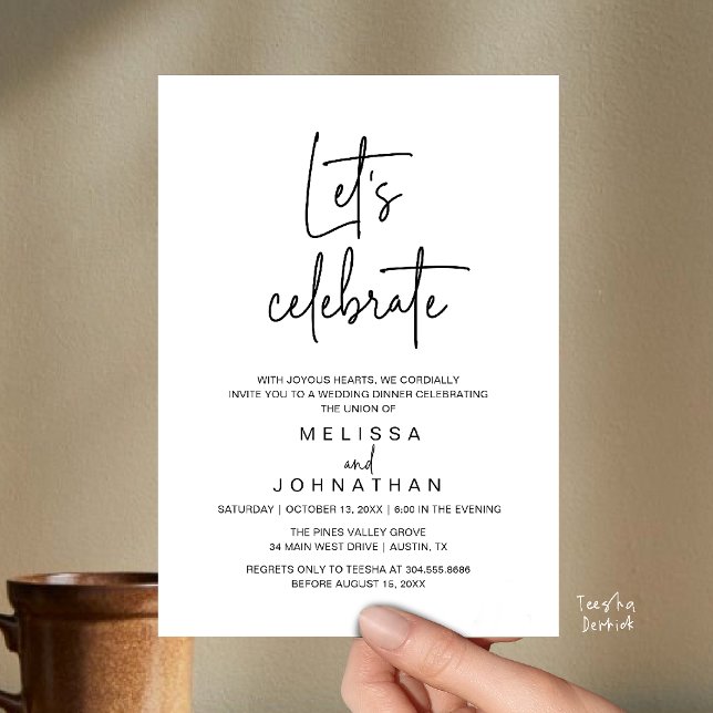 Convites Vamos Celebrar, Recepção de Casamento com Fuga Rom (Let's Celebrate, Modern Minimal Wedding Elopement Reception Dinner Invites Card in Black and White)