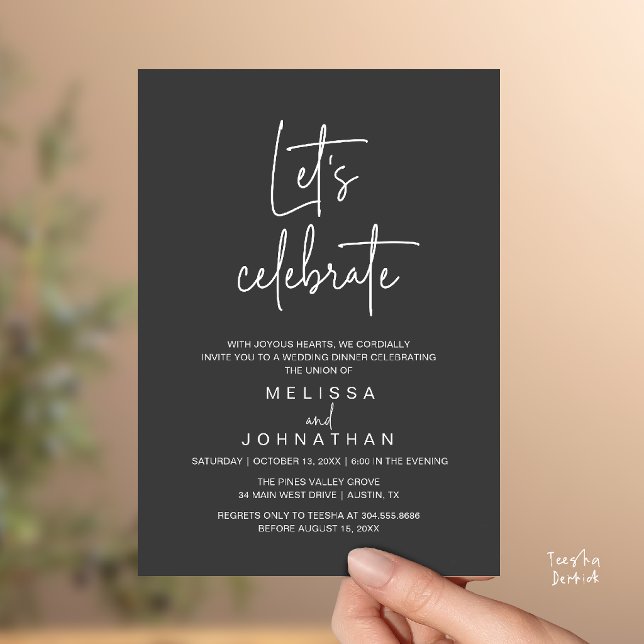 Convites Vamos Celebrar, Recepção de Casamento com Fuga Rom (Let's Celebrate, Modern Minimal Wedding Elopement Reception Dinner Invites Card in Charcoal Grey)