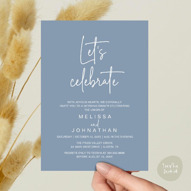 Convites Vamos Celebrar, Recepção de Casamento Intimo (Let's Celebrate, Modern Minimal Wedding Elopement Reception Dinner Invites Card in Dusty Blue)