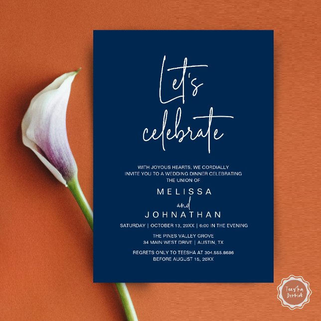 Convites Vamos Celebrar, Recepção de Casamento Intimo (Let's Celebrate, Modern Minimal Wedding Elopement Reception Dinner Invites Card in Navy Blue)