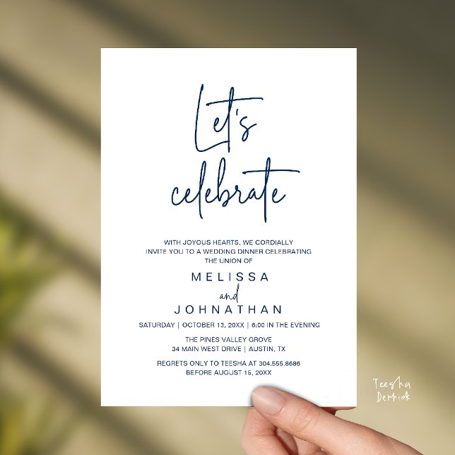 Convites Vamos Celebrar, Recepção de Casamento Intimo (Let's Celebrate, Modern Minimal Wedding Elopement Reception Dinner Invites Card in Navy Blue)