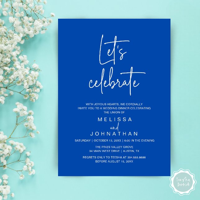 Convites Vamos Celebrar, Recepção de Casamento Intimo (Let's Celebrate, Modern Minimal Wedding Elopement Reception Dinner Invites Card in Cobalt Blue)