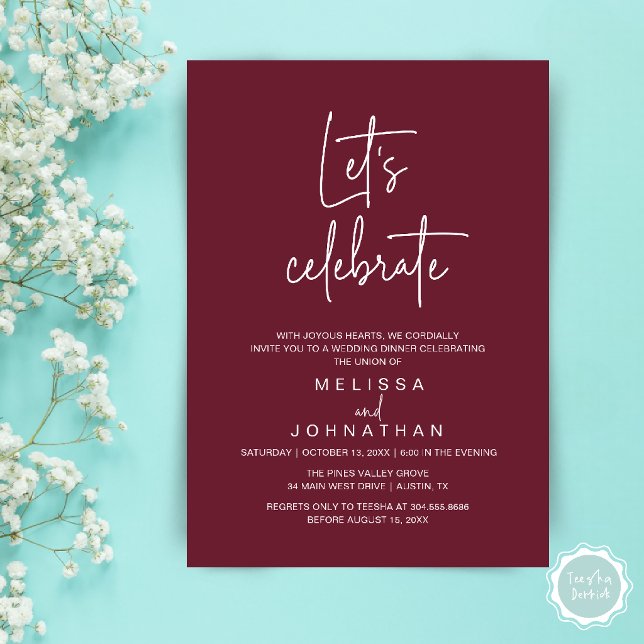 Convites Vamos Celebrar, Recepção de Casamento Intimo (Let's Celebrate, Modern Minimal Wedding Elopement Reception Dinner Invites Card in Wine Red)
