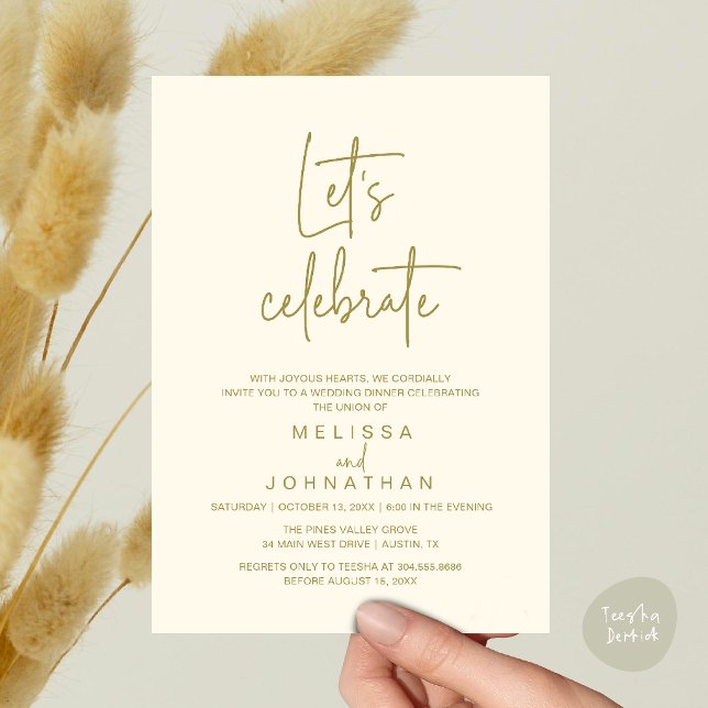 Convites Vamos Celebrar, Recepção de Casamento Intimo (Let's Celebrate, Modern Minimal Wedding Elopement Reception Dinner Invites Card in Gold Yellow Cream)