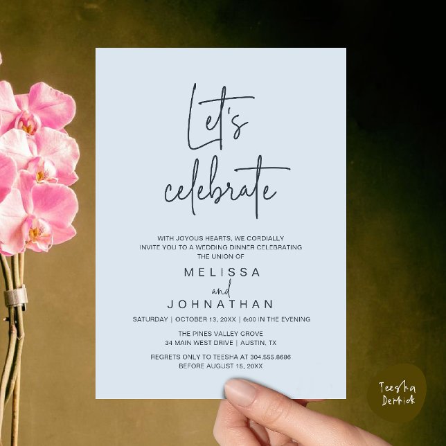 Convites Vamos Celebrar, Recepção de Casamento Intimo (Let's Celebrate, Modern Minimal Wedding Elopement Reception Dinner Invites Card in Misty Blue)