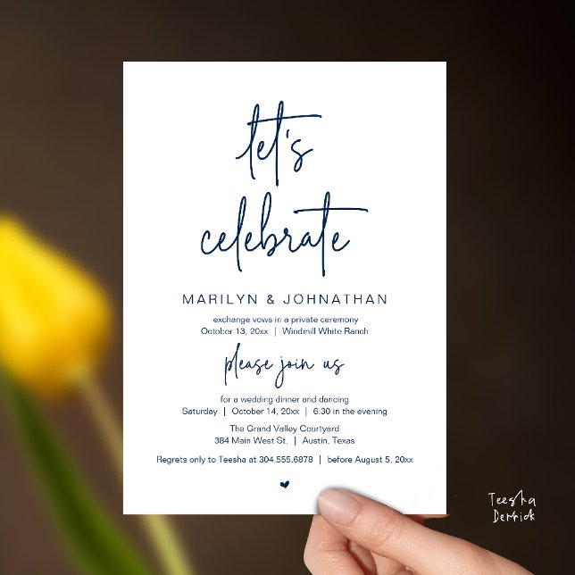 Convites Vamos Celebrar, Recepção de Casamento Minimalista  (Let's Celebrate, Modern Minimal Wedding Reception dinner dancing Invitation card navy blue)