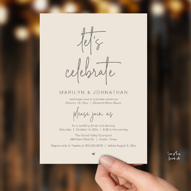Convites Vamos Celebrar, Recepção de Casamento Minimalista  (Let's Celebrate, Modern Minimal Wedding Reception dinner dancing Invitation card cream grey)