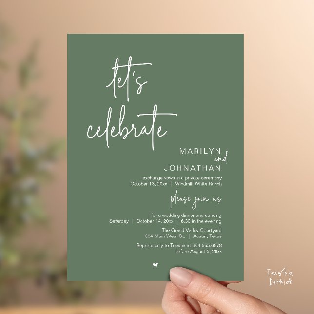 Convites Vamos Celebrar, Recepção de Casamento Moderna Mini (Let's Celebrate, Modern Minimal Wedding Reception dinner dancing Invitation card sage green)
