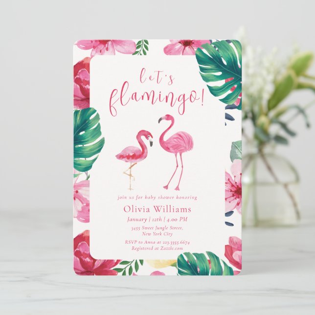 Convites Vamos Chuveiro de Bebê Estampa Floral Tropical Fla (Em pé/Frente)