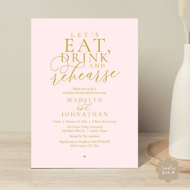 Convites "Vamos comer, beber e ensaiar", Jantar de Ensaios ("Let's eat, drink and rehearse", Rehearsal Dinner Invitation card in blush yellow gold)