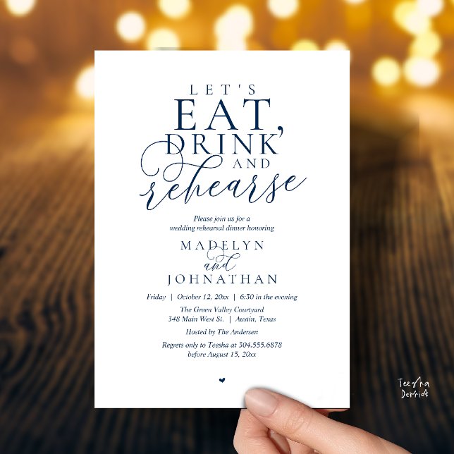 Convites "Vamos comer, beber e ensaiar", Jantar de Ensaios ("Let's eat, drink and rehearse", Rehearsal Dinner Invitation card in navy blue)