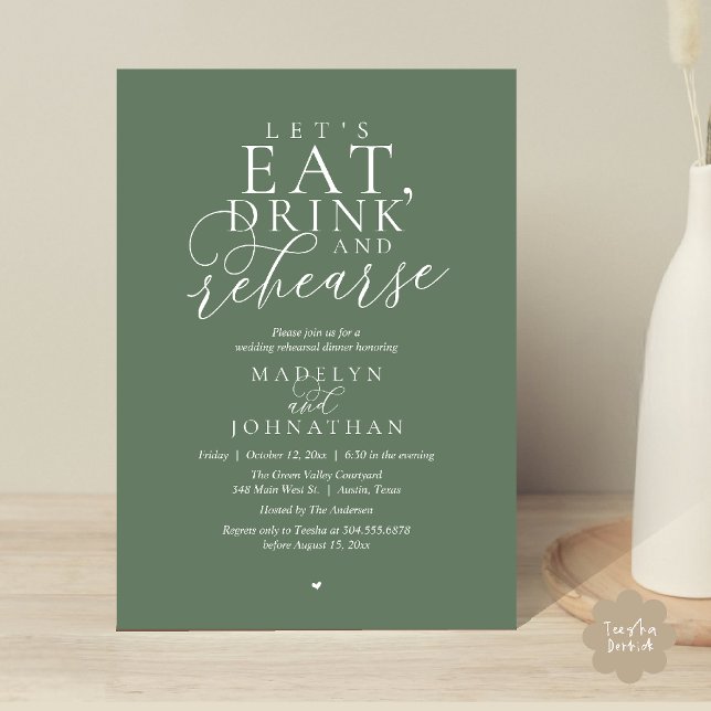 Convites "Vamos comer, beber e ensaiar", Jantar de Ensaios ("Let's eat, drink and rehearse", Rehearsal Dinner Invitation card in sage green)