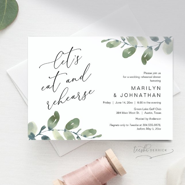Convites Vamos Comer e ensaiar, Janto de ensaio de casament (Let's Eat and Rehearse, Romantic Rehearsal Dinner Invitation Card, Greenery Eucalyptus. Downloadable)