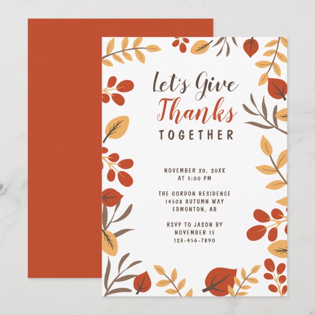 Convites Vamos Dar aos Obrigados Folhagem de Janto de Ação  (Frente/Verso)
