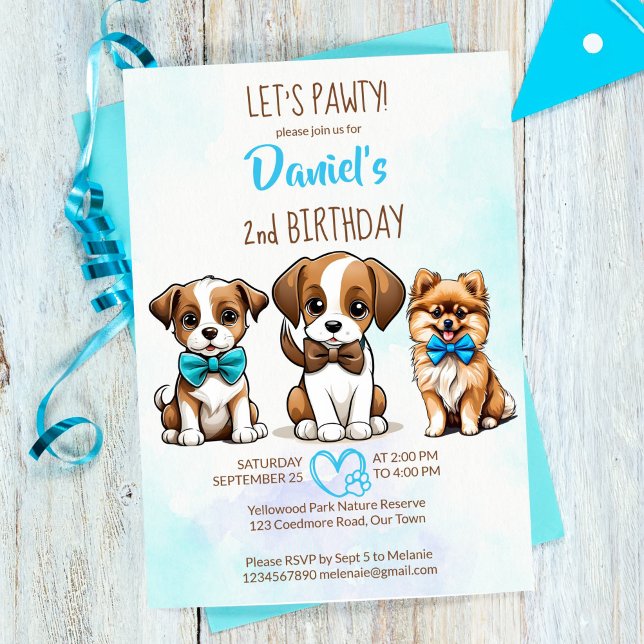 Convites Vamos de fantoche azul-marrom, fantoche, fantoche (Let's pawty brown blue cute puppies birthday party invitation editable template digital download)