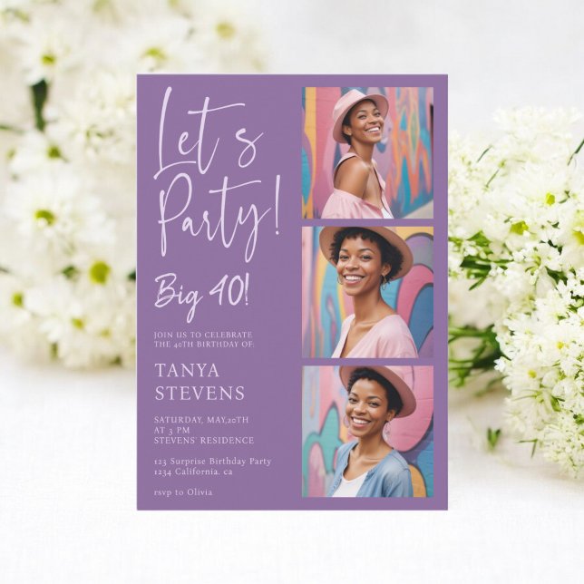 Convites Vamos de festa lavanda roxa quarenta anos (Let's party photo purple lavender forty birthday invitation)